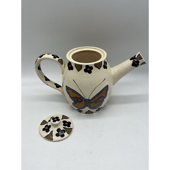 Artist Handmade Glazed Pottery Pitcher Butterfly Floral Design Spring Decor - Picture 5 of 16